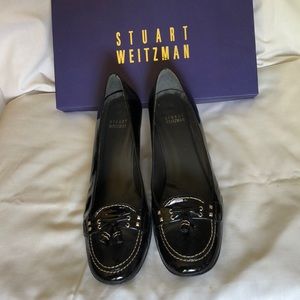 Black patent kitten heel loafers